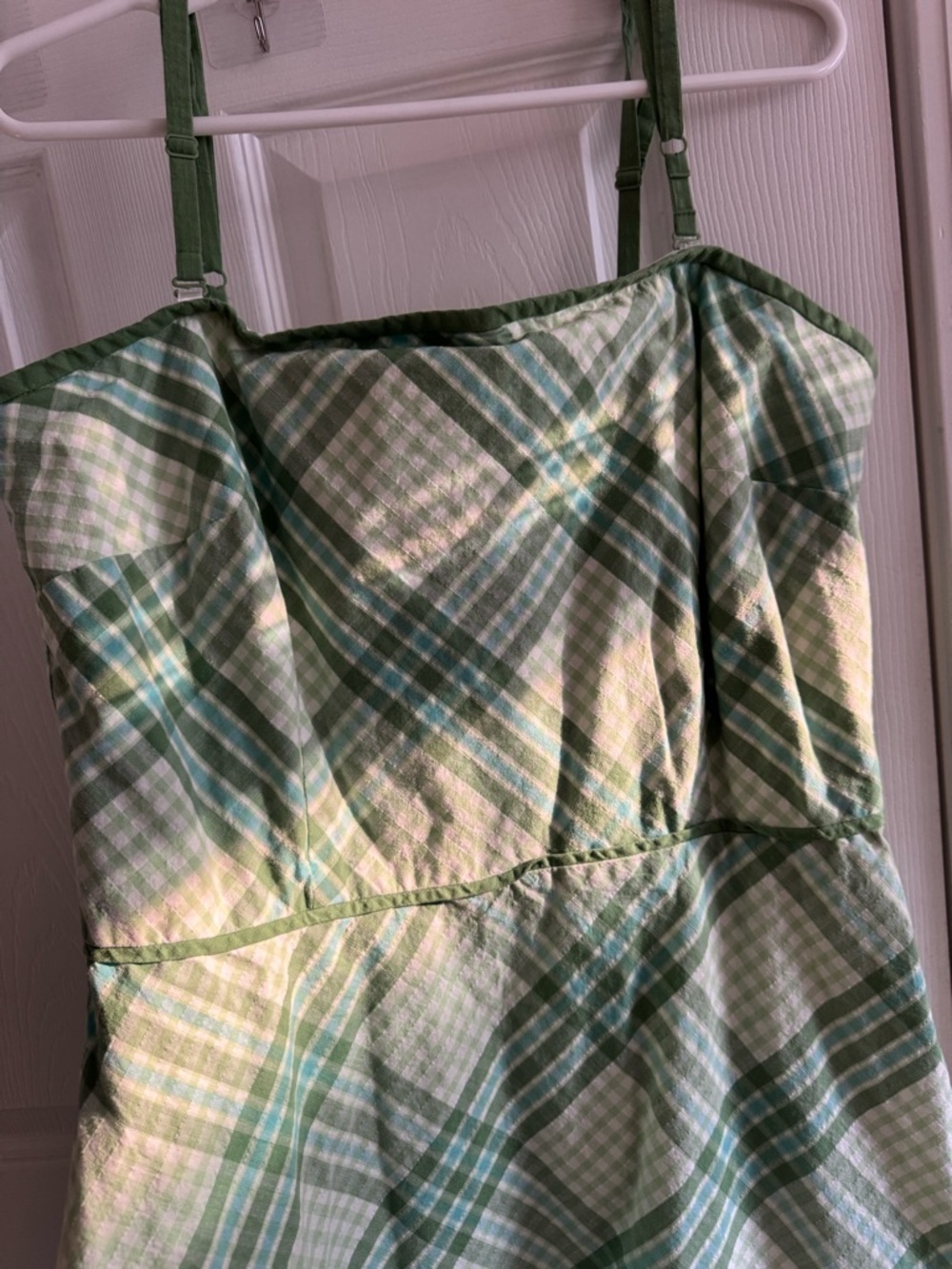 VINTAGE Gingham Strapless 90s Midi Dress Green 100% Cotton Size 14 - Picture 3 of 13